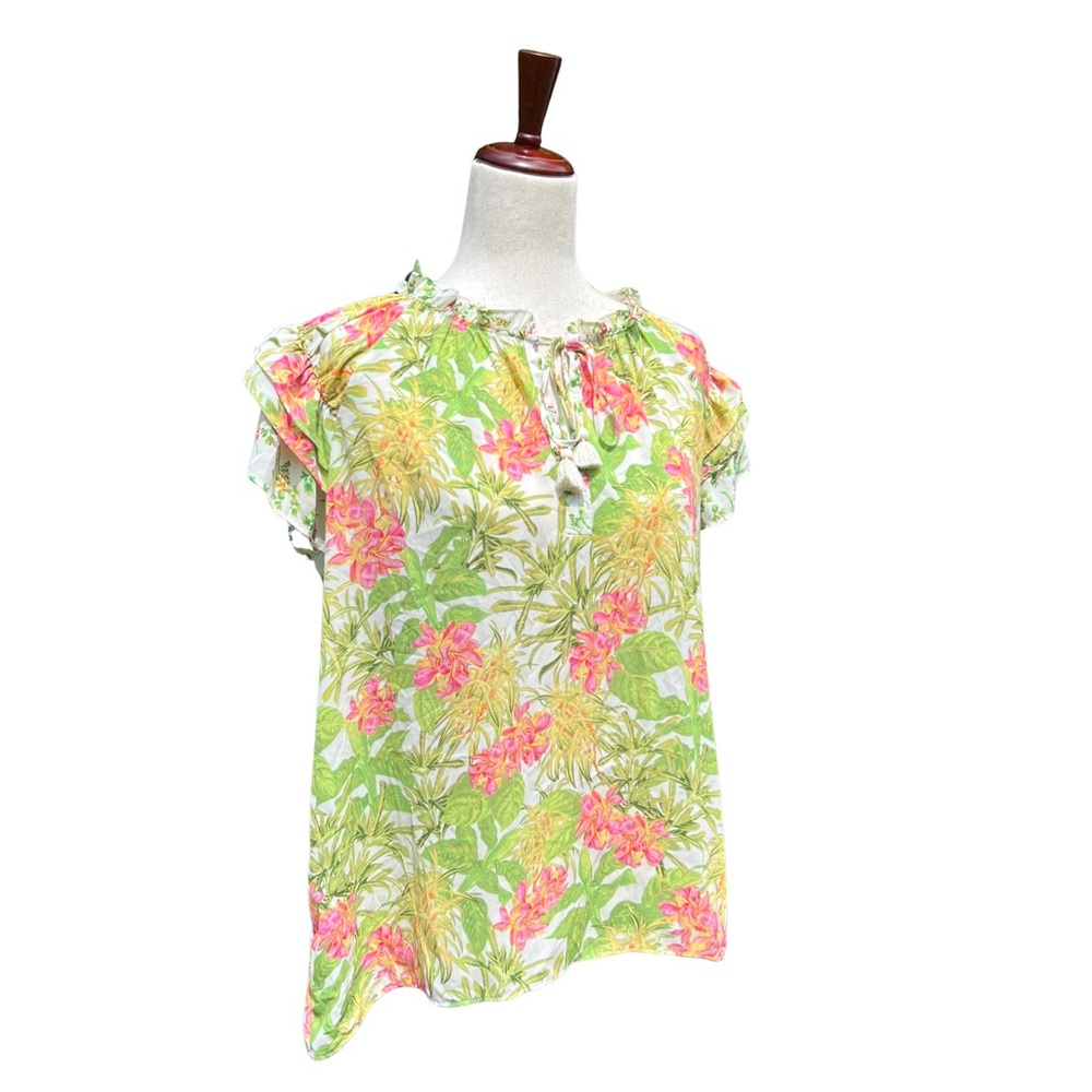 Rose & Olive Women's Green Tropical Floral Gauzy Blouse Sz Large Flutter Sleeve